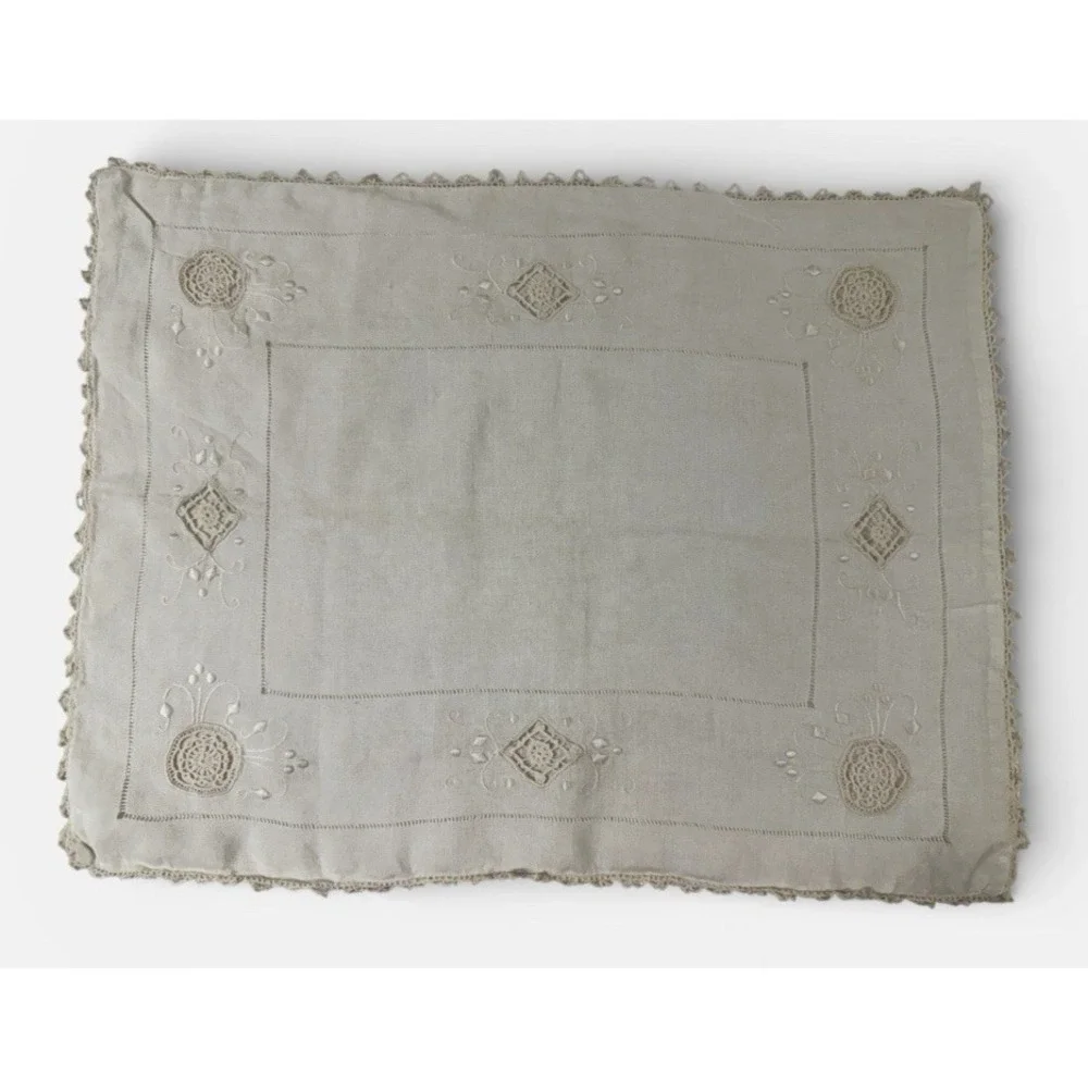 Vtg Handmade Pillow Sham Embroidered Cutwork Crochet Lace Victorian 14x19 Shabby